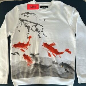 Blind Rooster Crewneck Sweatshirt w/Asian inspired Koi wrap around screenprint